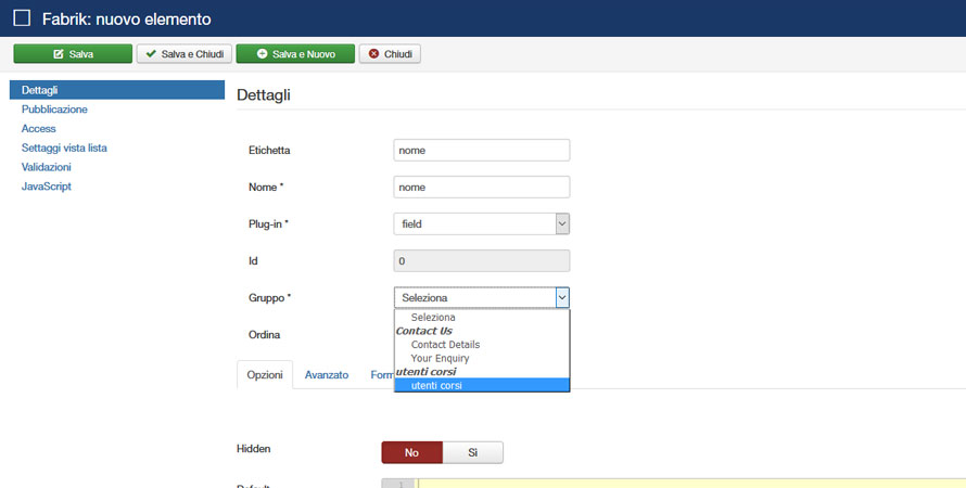 fabrik per joomla aggiungere un elemento al form e alla lista