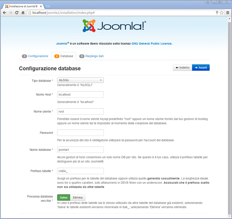 installare joomla 3.5 configurazione database